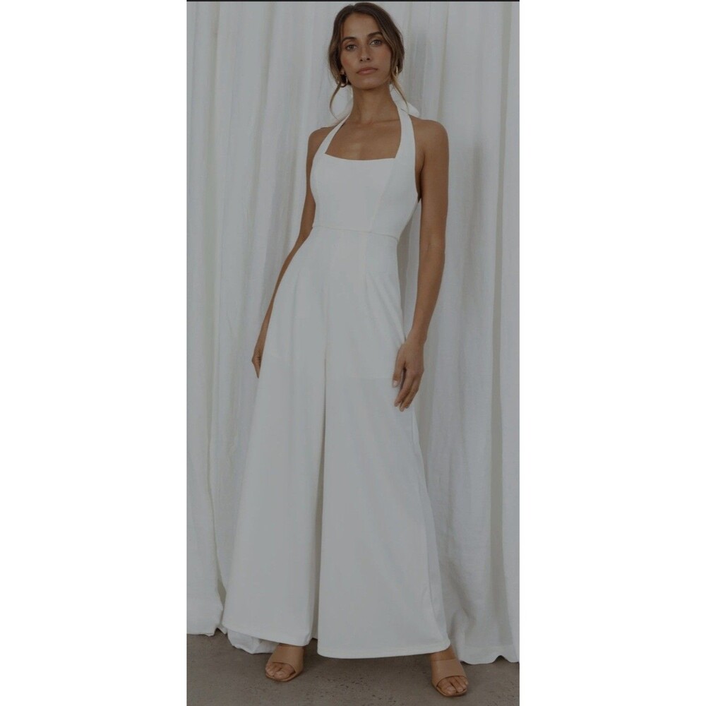 SELFIE LESLIE Remember This Halterneck Wide Leg Jumpsuit White Sz M
